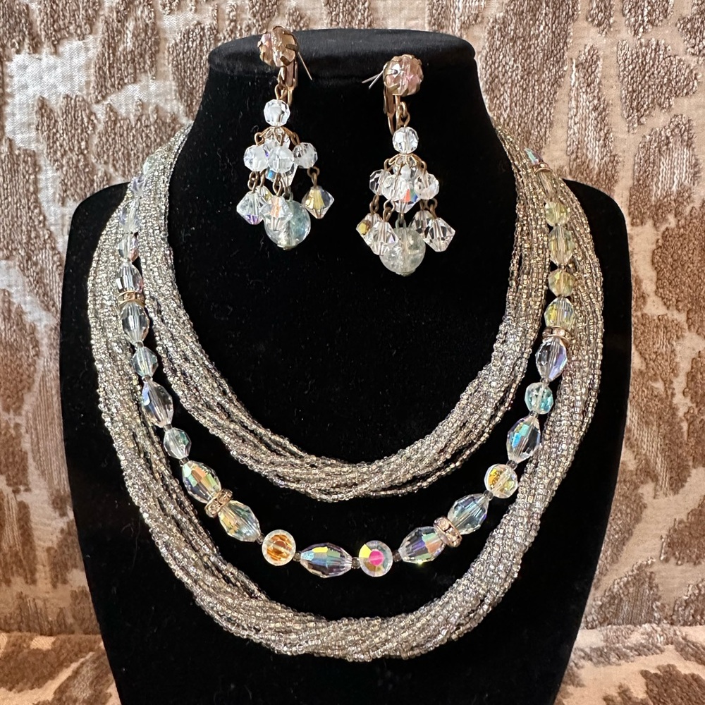 Vintage iridescent crystal necklace with two sets of earrings